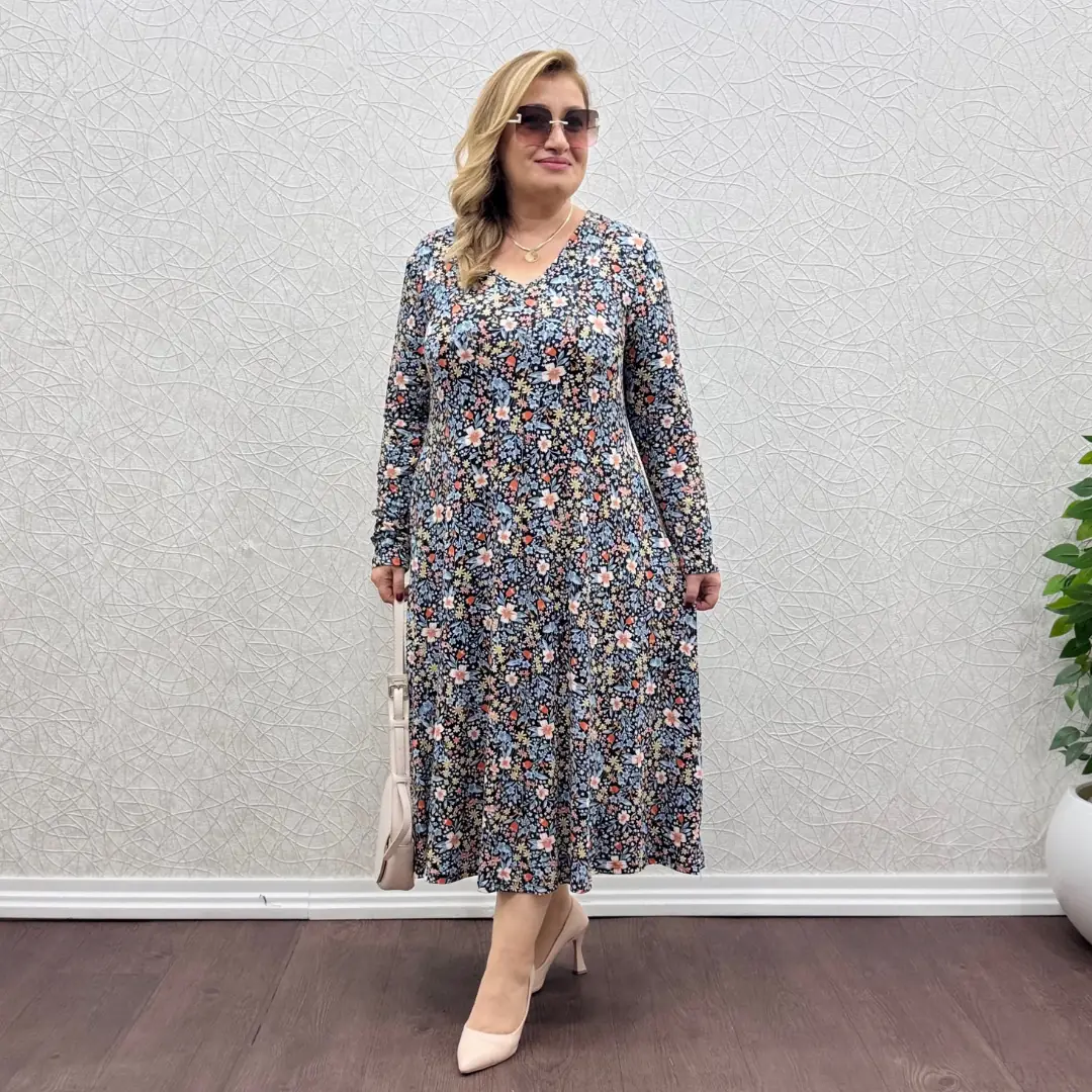Likralı V Yaka Uzun Kollu Penye Elbise · Turkuaz Çıtır Desen