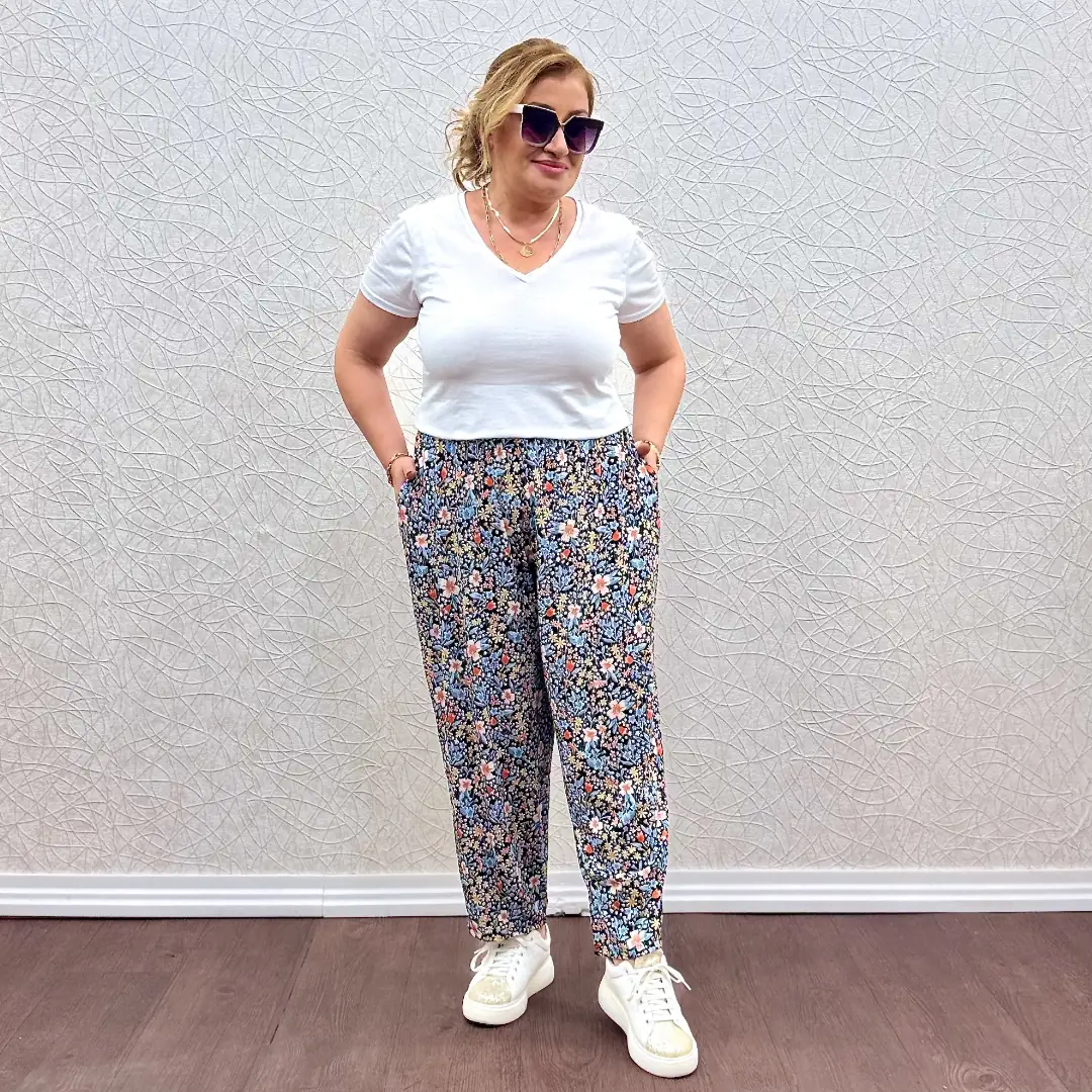 Likralı Penye Şalvar Pantolon · Turkuaz Çıtır Desen