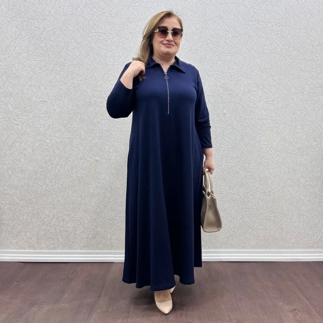 Fermuarlı Tam Boy Elbise — Lacivert — görsel 2