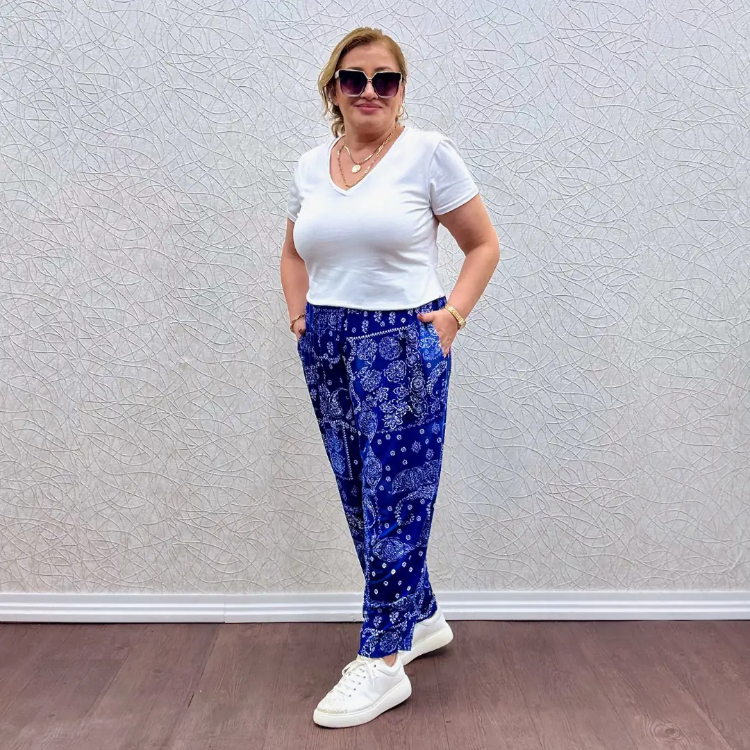 Likralı Penye Şalvar Pantolon — Mavi Şal Desenli — görsel 2