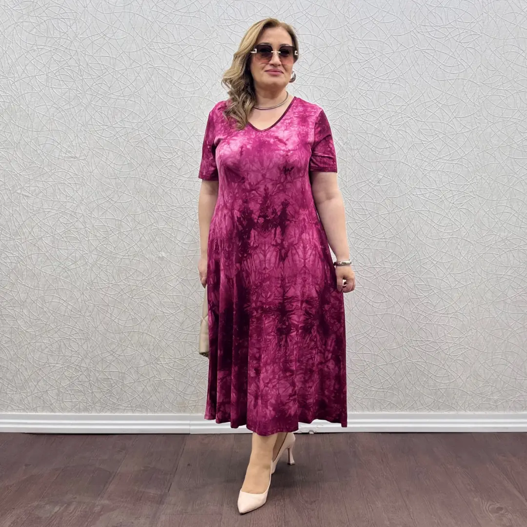 Likralı V yaka Penye Elbise · Fuşya Batik Desen
