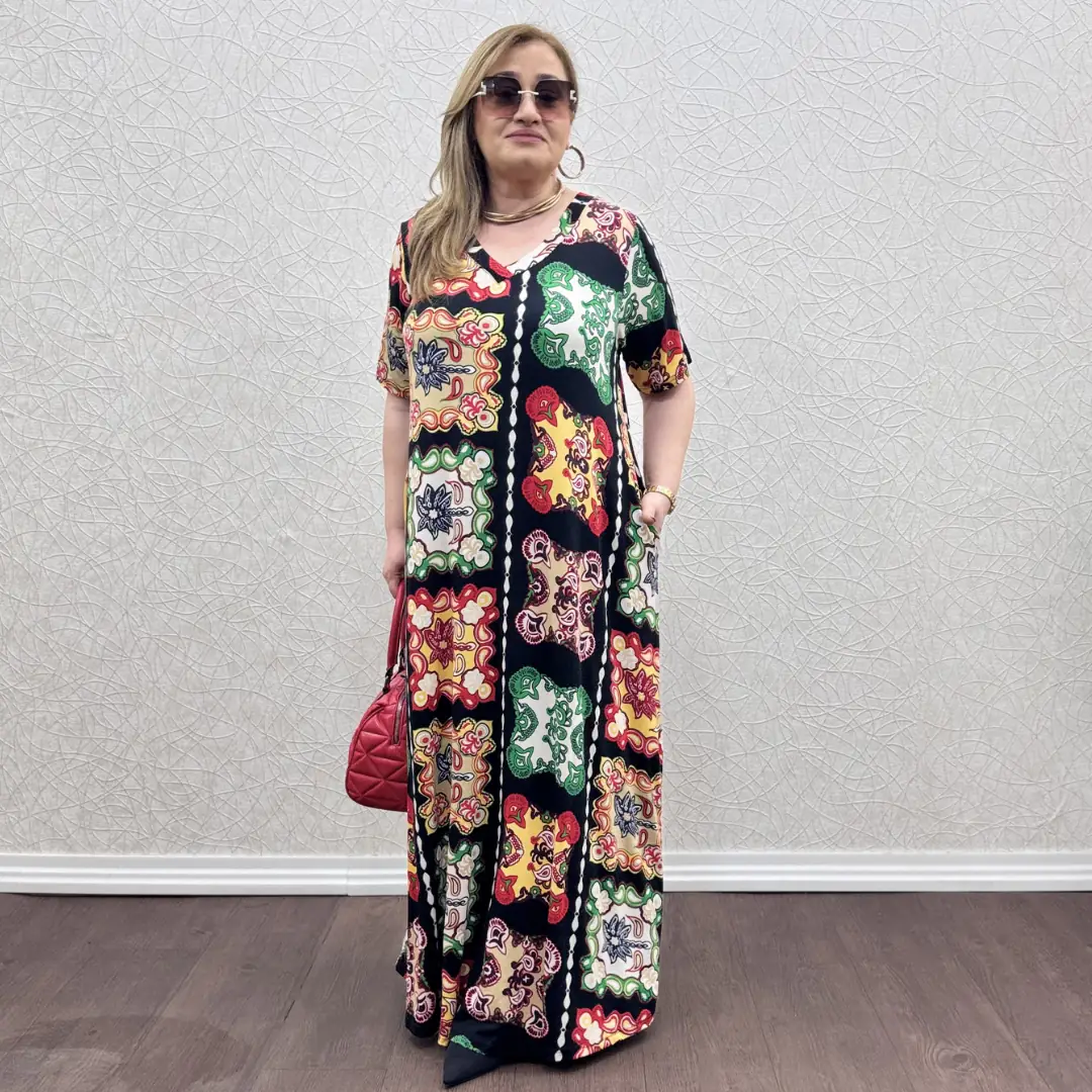 Likralı V Yaka Kısa Kol Tam Boy Elbise — Tablo desen — görsel 2