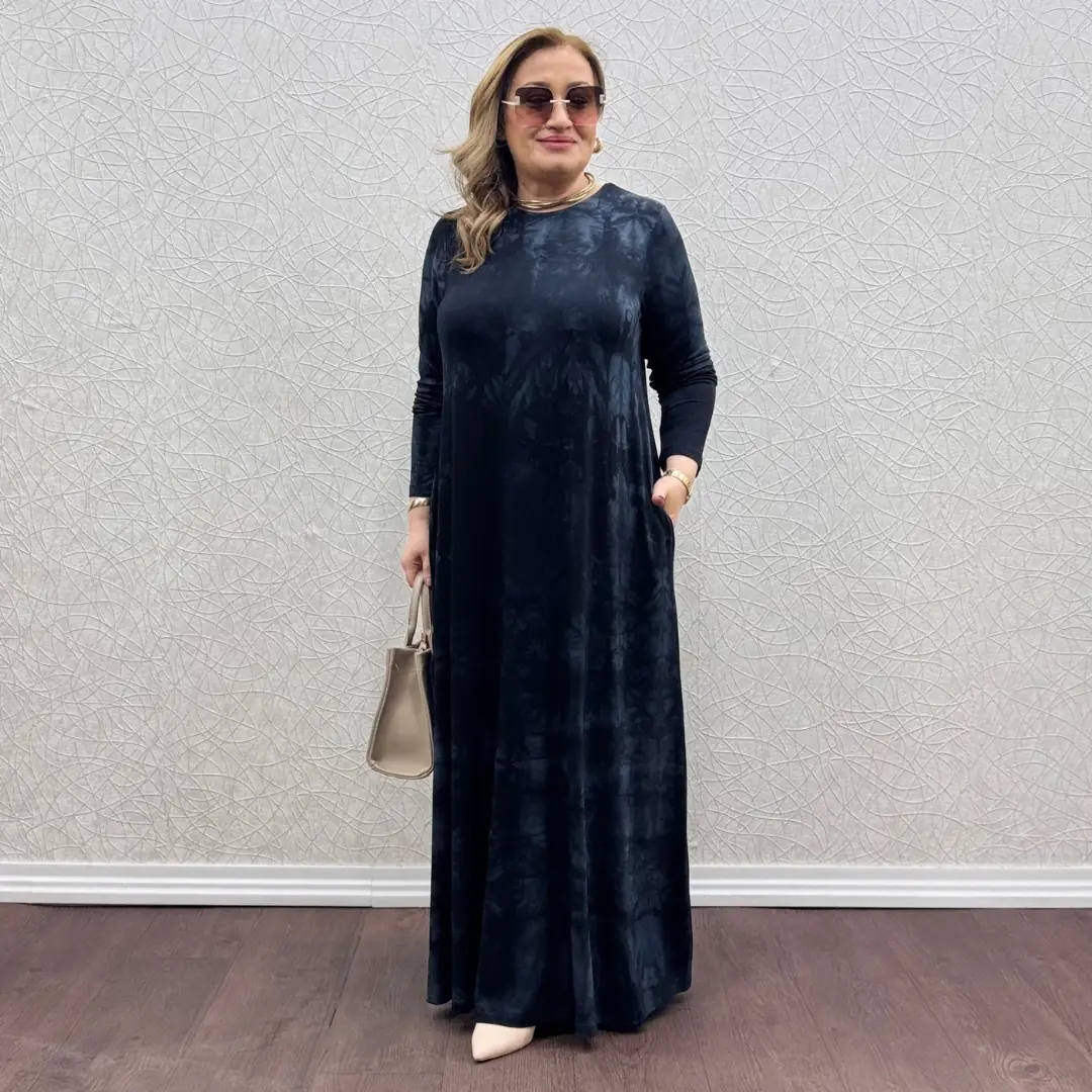 Batik Desen Likralı Tam Boy Elbise — Siyah — görsel 2