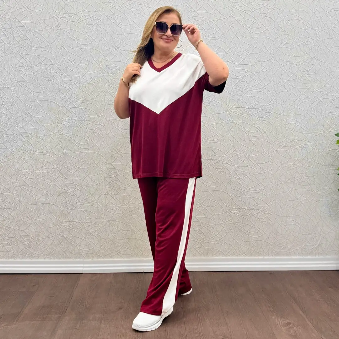 V Yaka Kısa Kol Bordo Eşofman