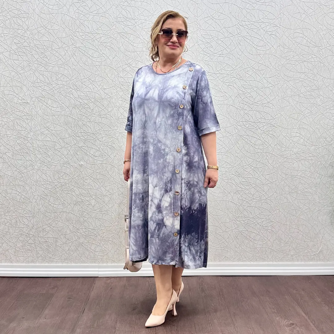 Likralı Penye Yandan Düğmeli Elbise — Gri Batik Desen — görsel 2