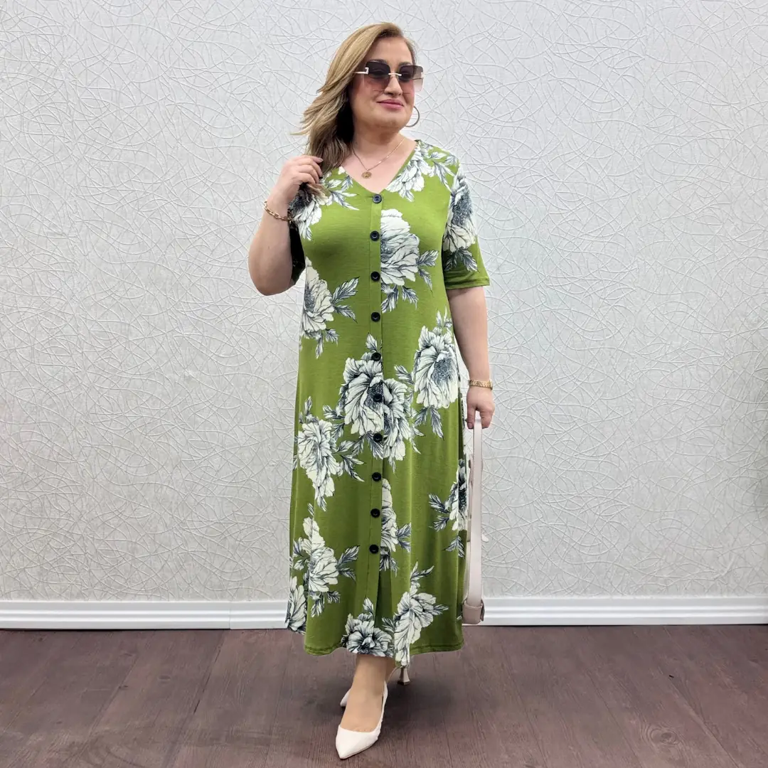 Likralı Düğmeli Penye Elbise — Yağ Yeşili Gül Desen — görsel 2