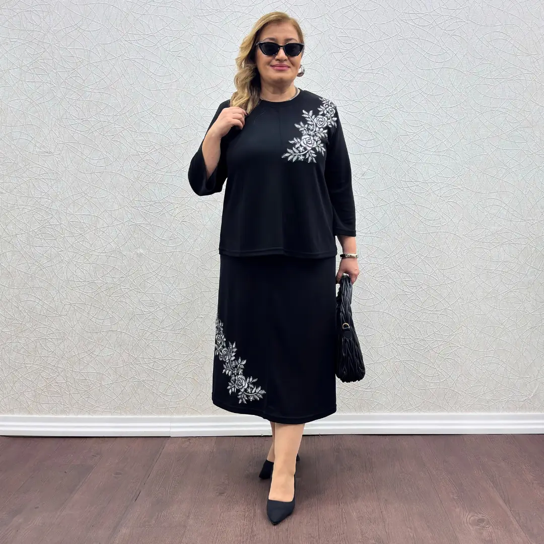 Büyük Beden Nakışlı Likralı Etekli İkili Takım — görsel 2