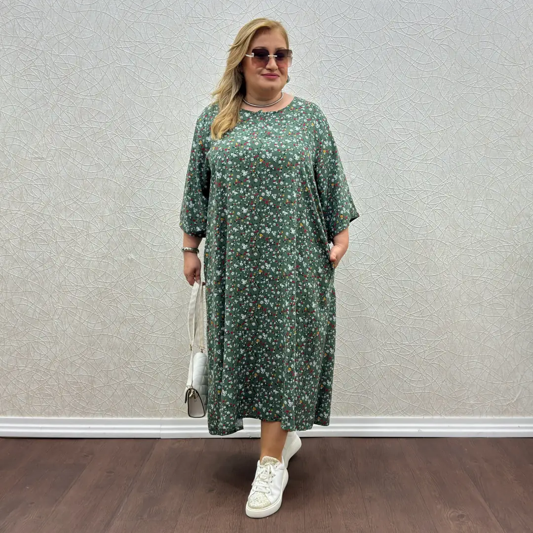 Patlı Büyük Beden Elbise — Yeşil — görsel 2