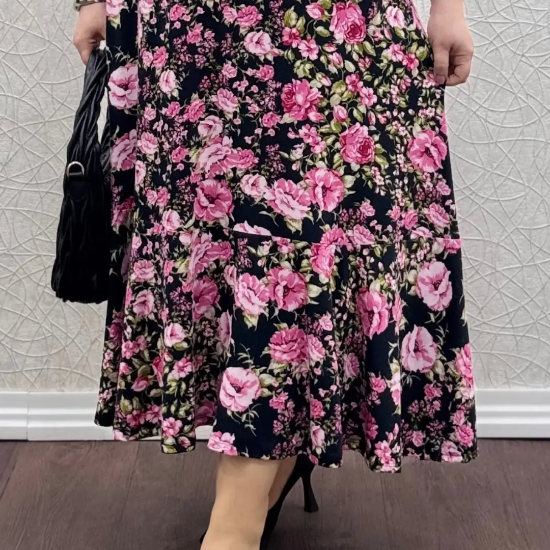 Likralı Volan Etekli Penye Elbise — Pembe Çiçek Desen — görsel 3