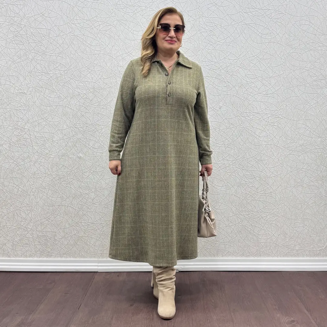 Büyük Beden Likralı Yakalı Kareli Elbise — Yeşil — görsel 2