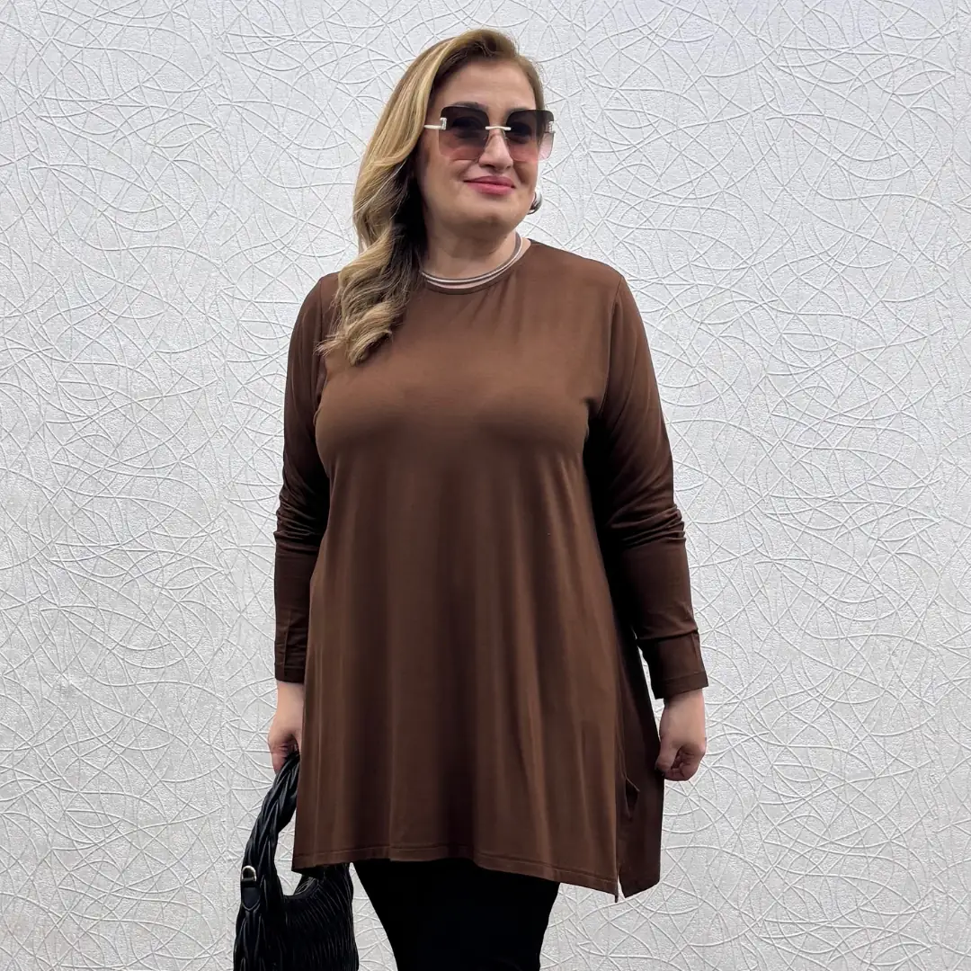 Büyük Beden Likralı Penye Salaş Tunik · Kahverengi