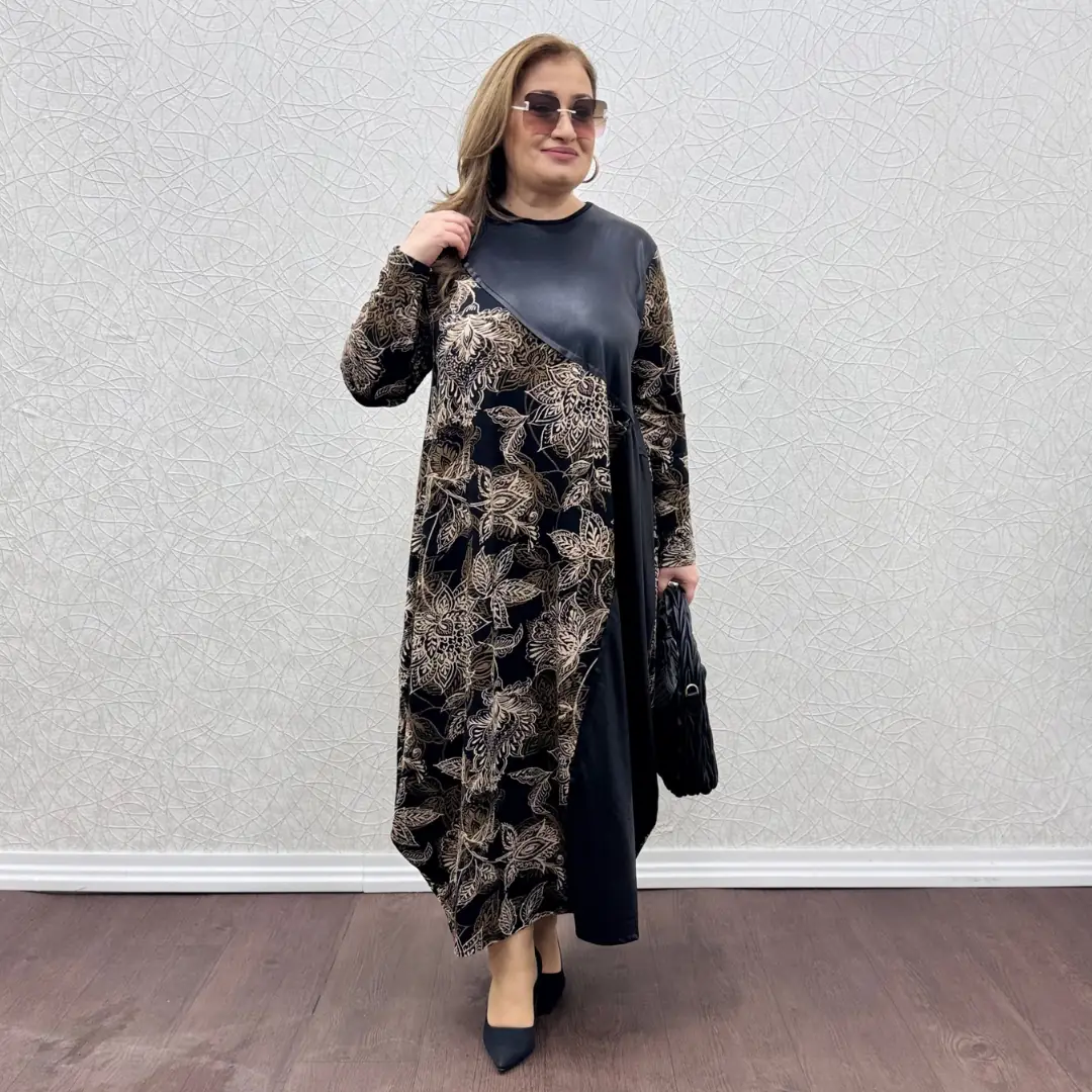 Deri Görünümlü Şalvar Elbise · Siyah Desenli