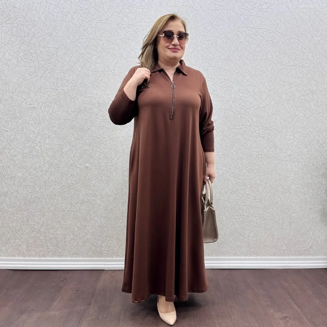 Fermuarlı Tam Boy Elbise · Kahverengi