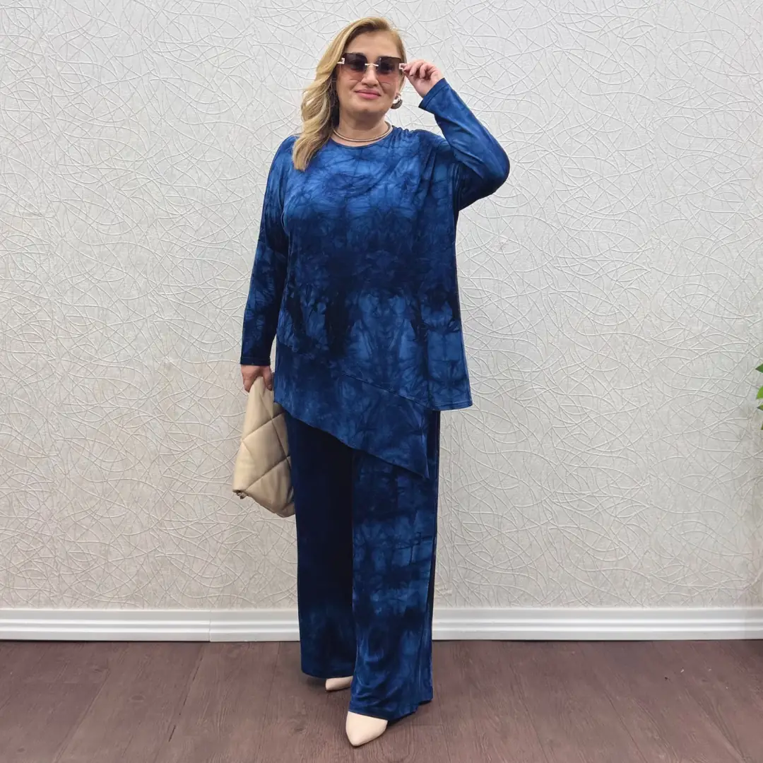 Asimetrik Penye Takım — Lacivert Batik Desen — görsel 1