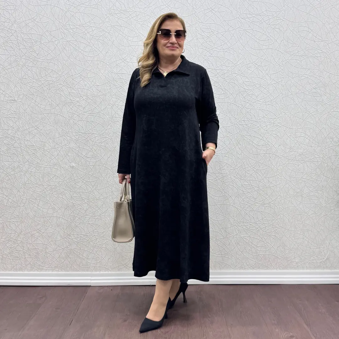 Büyük Beden Likralı Polo Yaka Elbise — Siyah — görsel 4