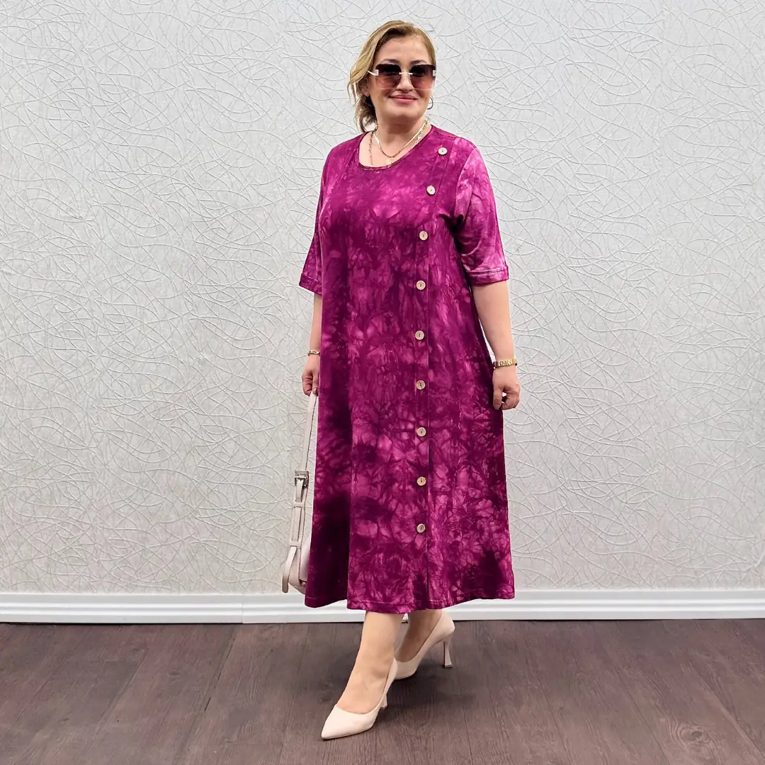 Likralı Penye Yandan Düğmeli Elbise · Fuşya Batik Desen