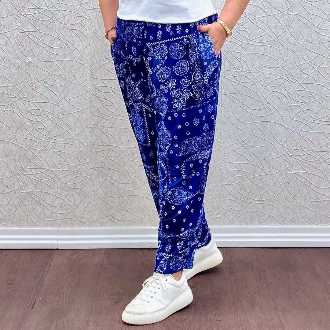 Likralı Penye Şalvar Pantolon — Mavi Şal Desenli — görsel 3