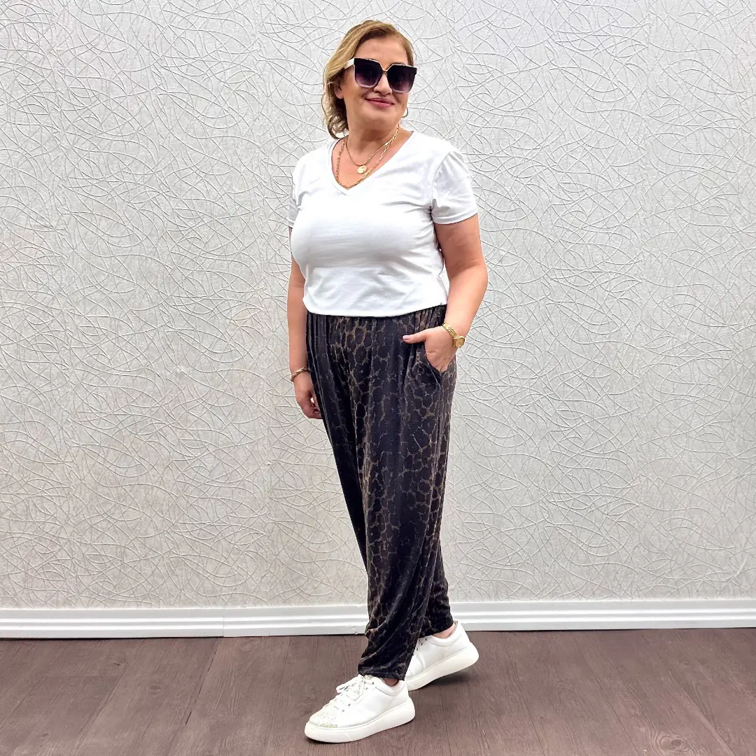 Likralı Penye Şalvar Pantolon · Kahve Leopar Desenli