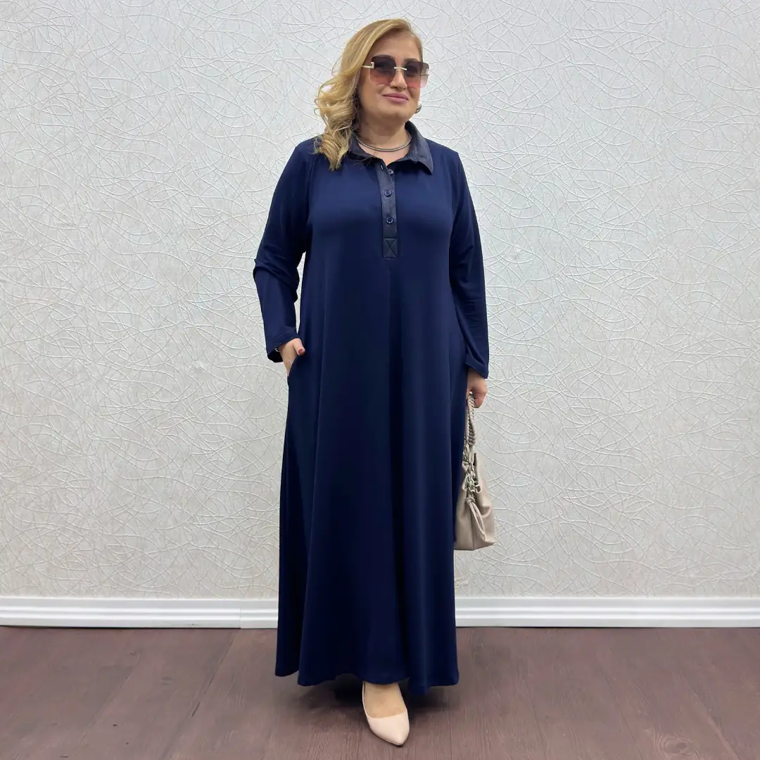 Büyük Beden Likralı Yakalı Tam Boy Elbise · Lacivert