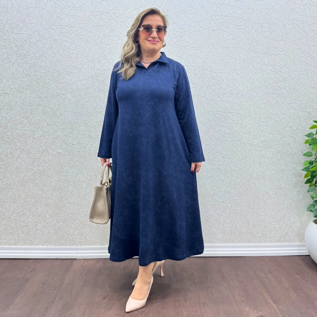 Büyük Beden Likralı Polo Yaka Elbise · Lacivert