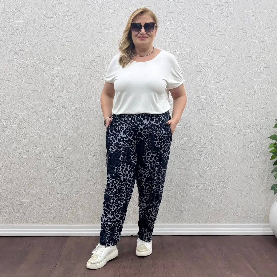 Likralı Penye Şalvar Pantolon — Gri Leopar — görsel 2