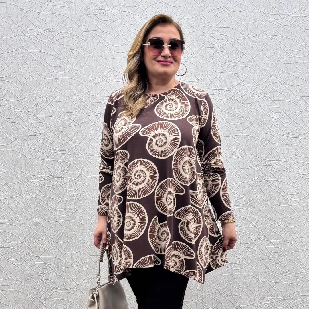Büyük Beden Likralı Penye Salaş Tunik · Kahve Desenli