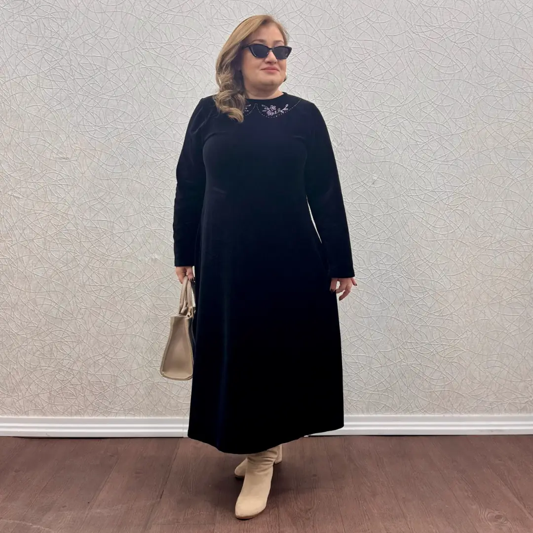 Uzun Kadife Elbise — Siyah — görsel 2