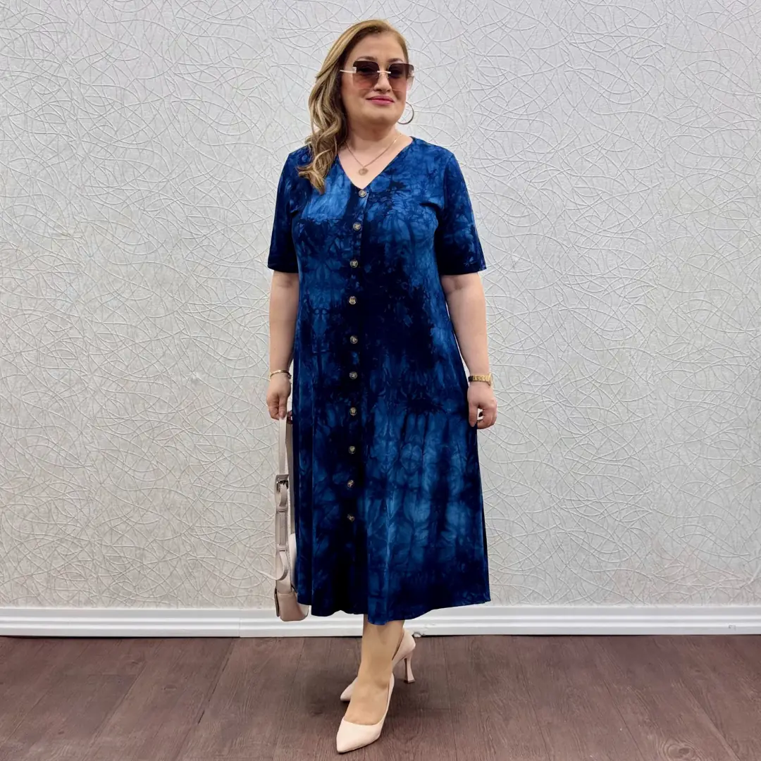 Likralı Düğmeli Penye Elbise · Lacivert Batik Desen