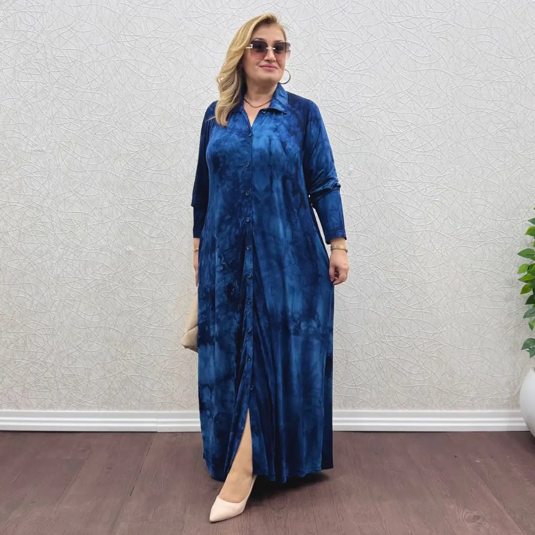 Tam Boy Penye Gömlek Elbise — Lacivert Batik Desen — görsel 2