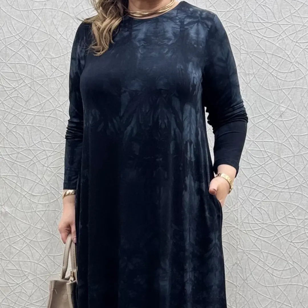 Batik Desen Likralı Tam Boy Elbise — Siyah — görsel 3