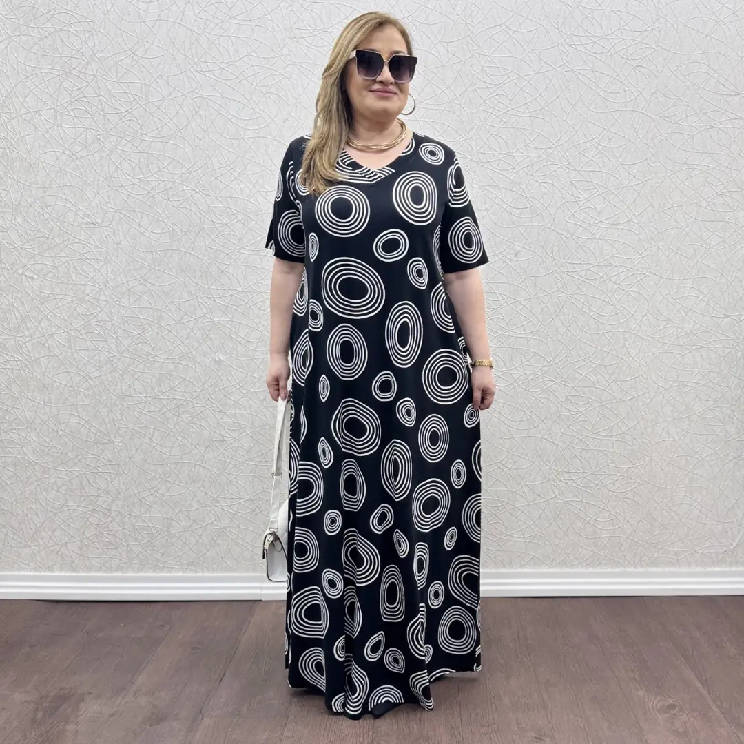 Likralı V Yaka Kısa Kol Tam Boy Elbise · Halka desen