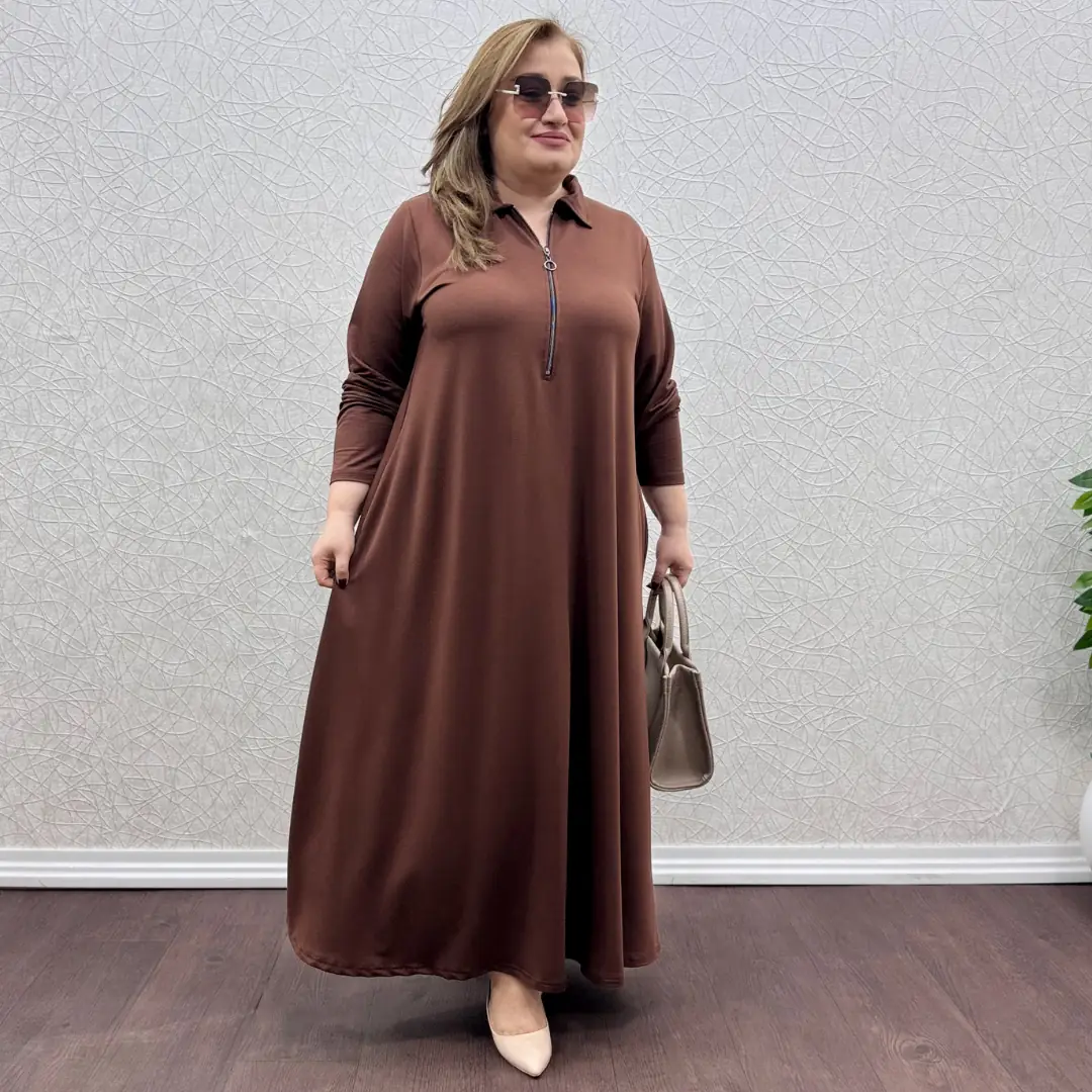 Fermuarlı Tam Boy Elbise — Kahverengi — görsel 4