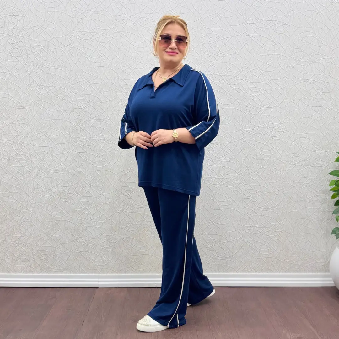 Büyük Beden Likralı Biyeli İkili Takım — Lacivert — görsel 2
