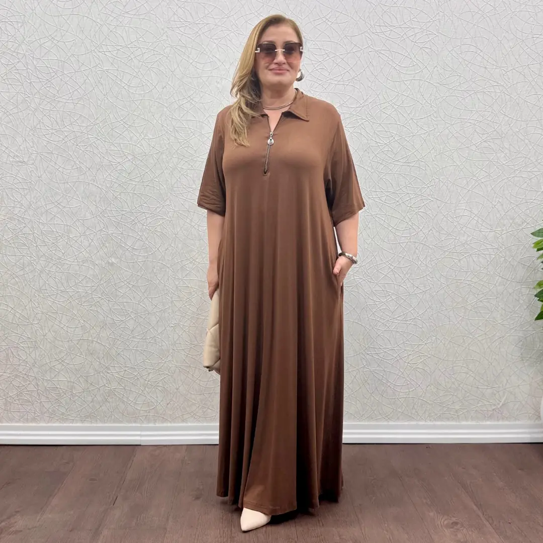 Kısakol Tam Boy Fermuarlı Elbise — Kahverengi — görsel 3