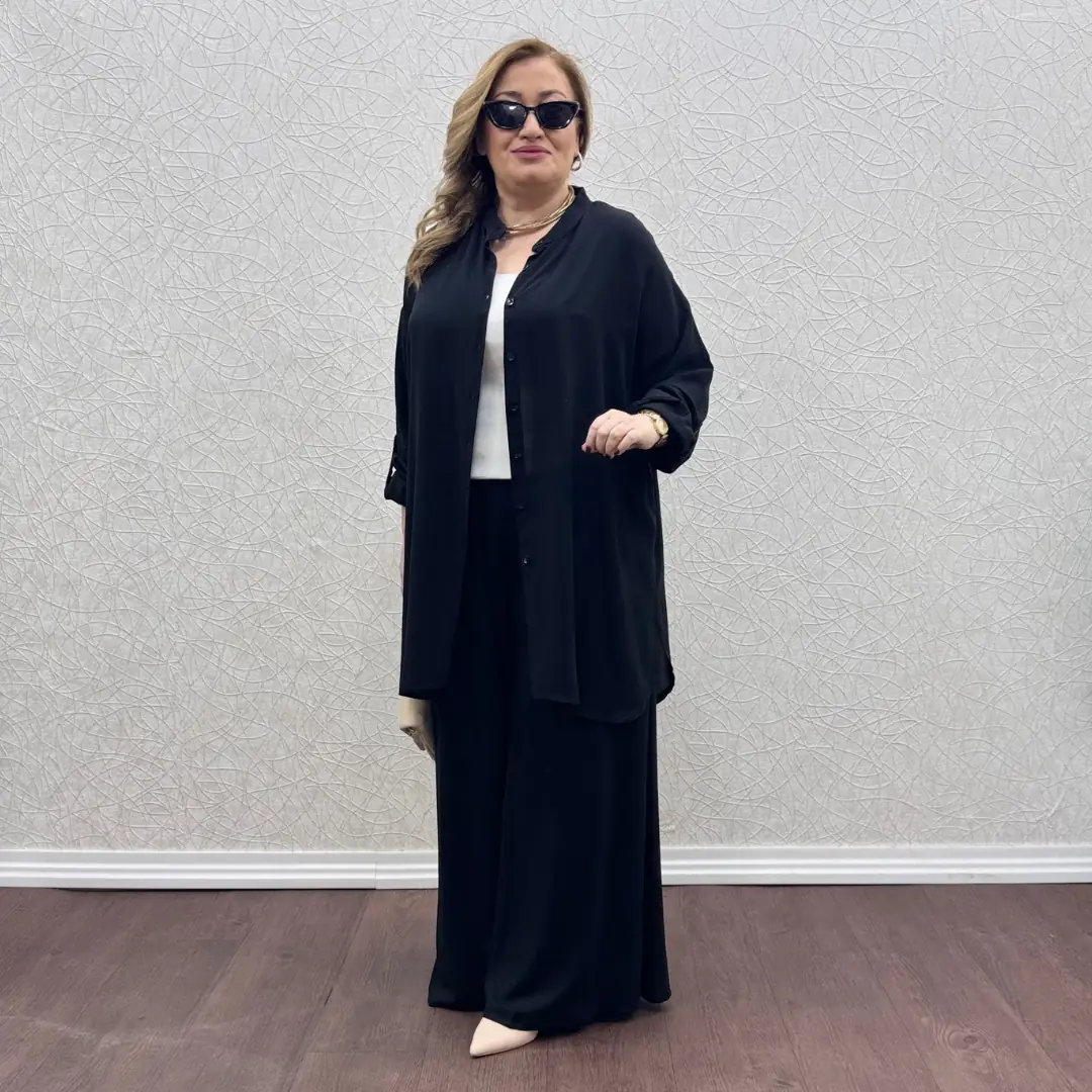 Büyük Beden Hakim Yaka Gömlek İkili Takım — Siyah — görsel 3
