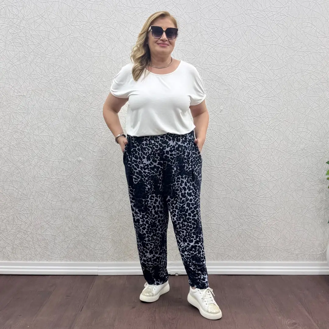 Likralı Penye Şalvar Pantolon · Gri Leopar