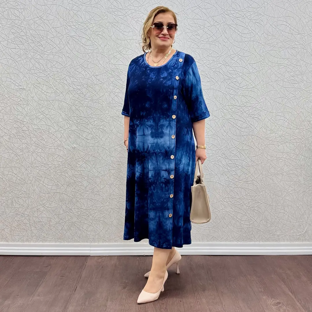 Likralı Penye Yandan Düğmeli Elbise — Lacivert Batik Desen — görsel 2