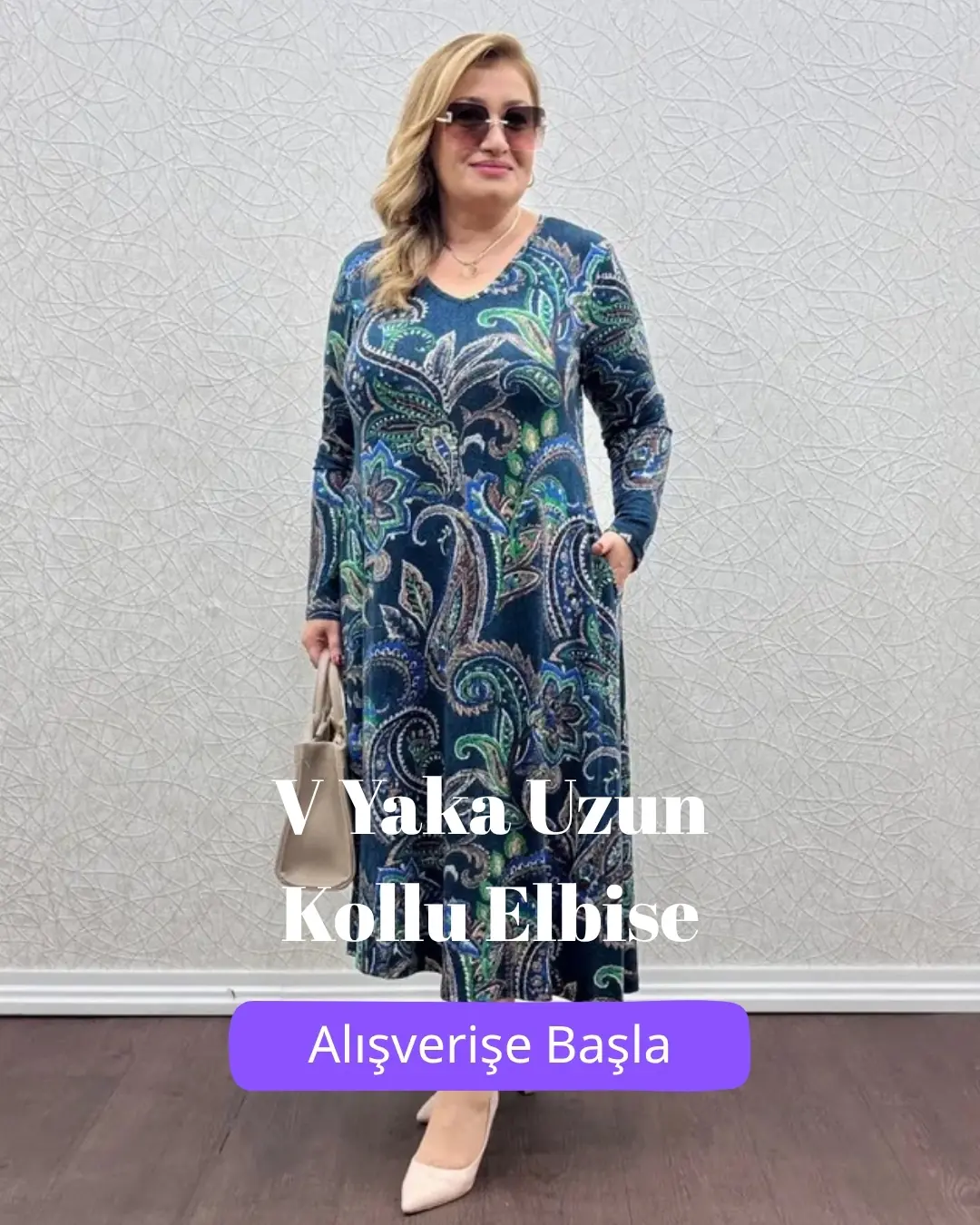 V Yaka Uzun Kollu Elbise